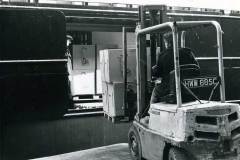 Loading boxes of lawnmowers onto a Berge Line vessel in Goole Docks.