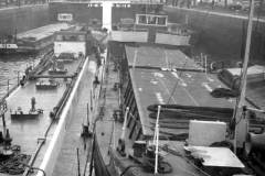 At least seven motor barges in the lock from the River Ouse to Goole Docks.