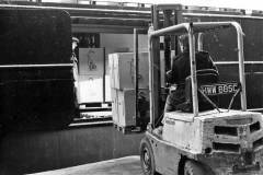 Loading boxes of lawnmowers onto a Berge Line vessel in Goole Docks.